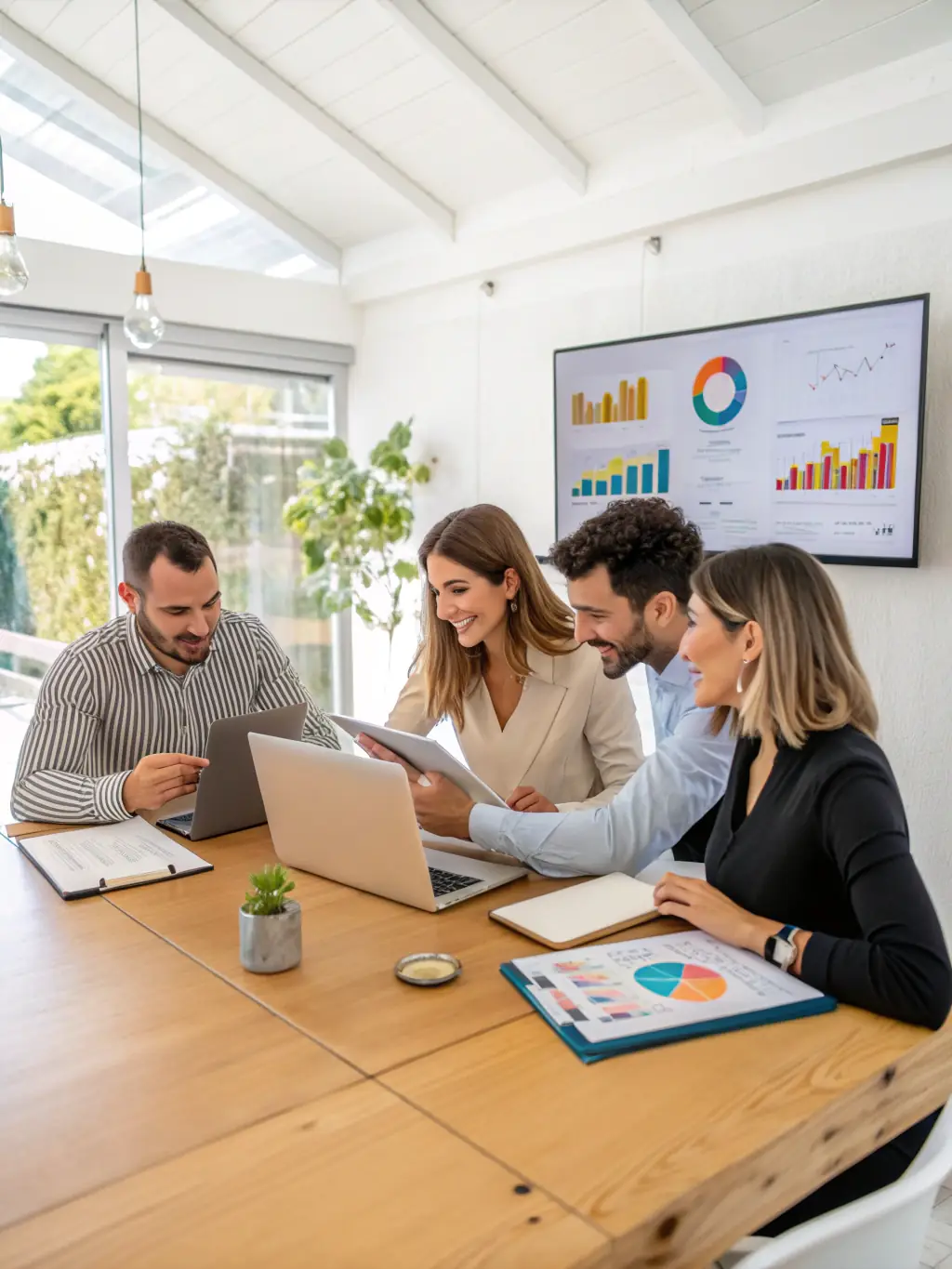 A diverse team collaborating around a table, analyzing data on laptops and tablets, showcasing TechTellers' data-driven approach to digital marketing.