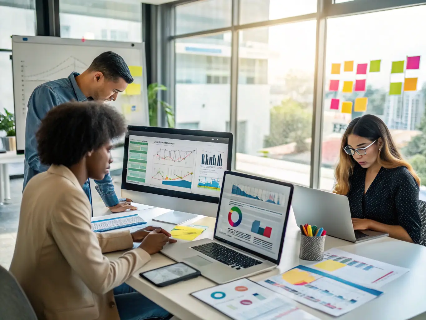 A professional workspace featuring a team collaborating on SEO strategies, with charts and data visible on multiple screens, emphasizing data-driven decision-making.