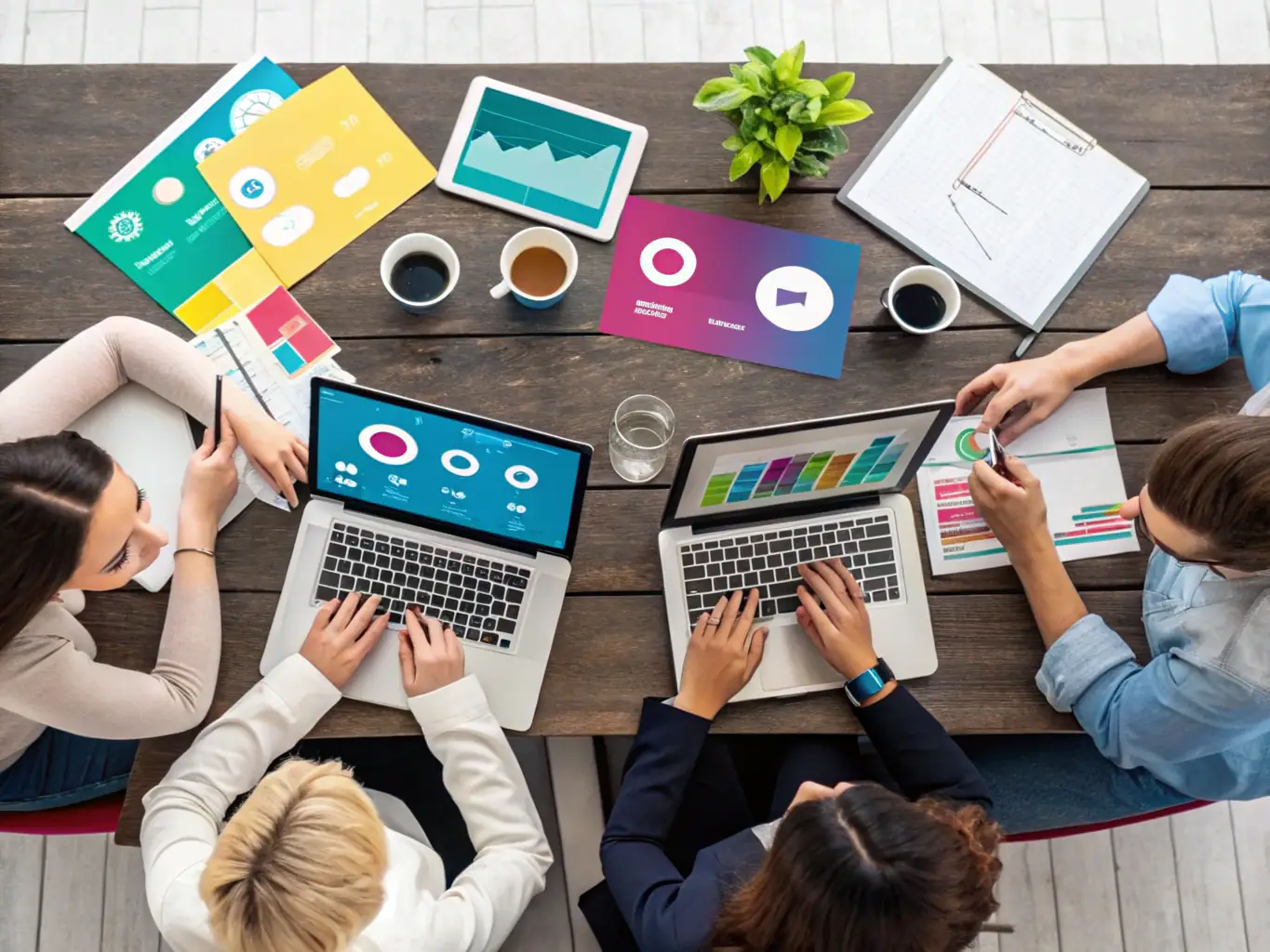 An image showing a team managing multiple social media accounts on different devices with engaging content displayed, representing TechTellers' Social Media Marketing service.